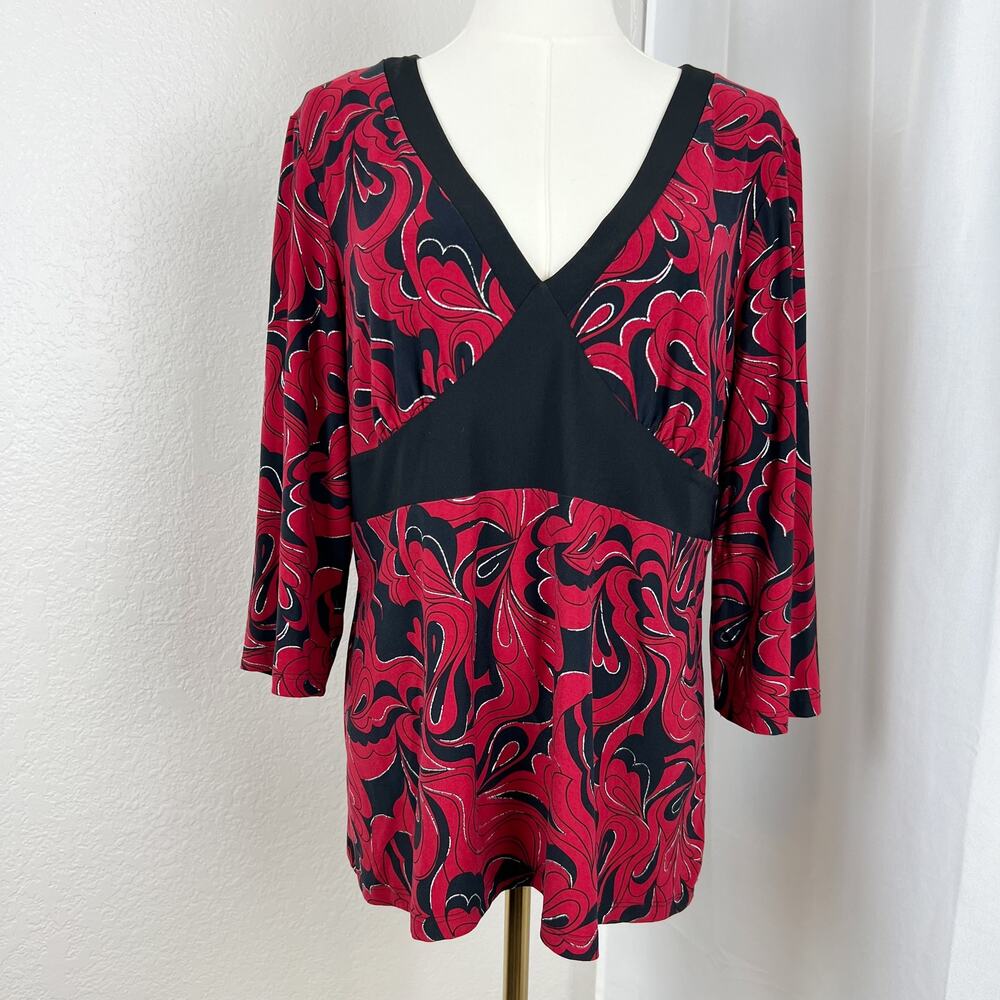 Y2K VTG Babydoll Top Womens‎ XL Red Black Jersey Abstract Retro Flowy Grunge